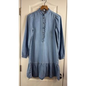 LOFT Women's Chambray Ruffle Flounce Dress Mezzo Blue Wash Size XS